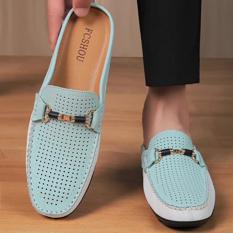 Effortless Perforated Leather Loafer Mule for Women with Horsebit Buckle Contrast Sole Slip-On Casual Style