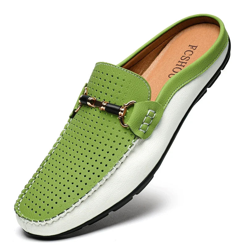 Effortless Perforated Leather Loafer Mule for Women with Horsebit Buckle Contrast Sole Slip-On Casual Style