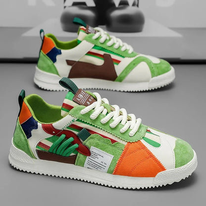 Stylish Colorblock Suede Sneaker for Women with Lace Up Contrast Panel Chunky Sole Retro Style