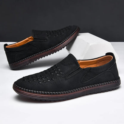 Comfortable Woven Leather Loafers for Women with Slip On Round Toe Perforated Casual Style