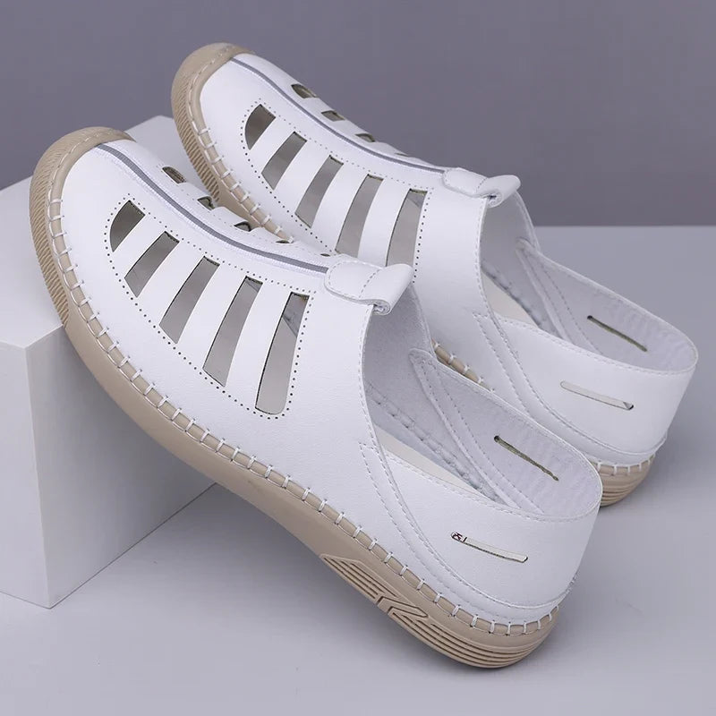 Effortless Leather Fisherman Sandal for Women with Cutout Side Slip On Stitched Sole Casual Style
