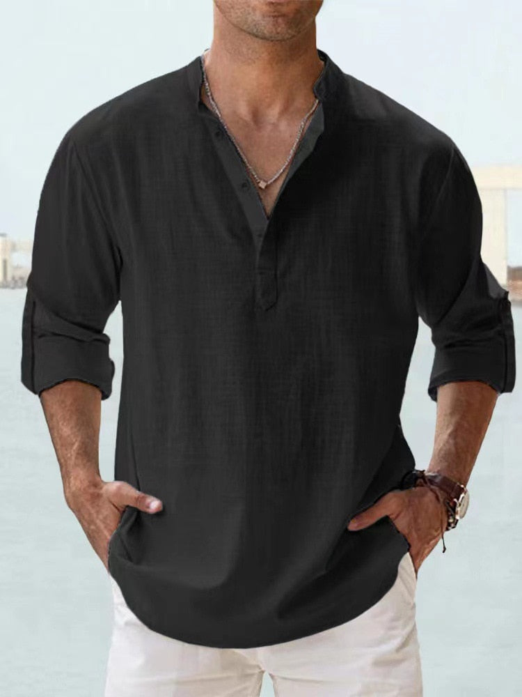 Effortless Linen Shirt for Women with Band Collar Long Sleeve Button Placket Relaxed Style