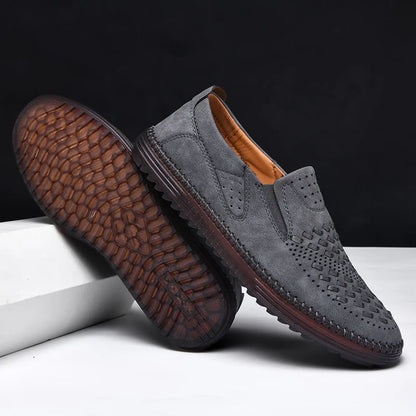 Comfortable Woven Leather Loafers for Women with Perforated Toe Slip On Hand Stitched Casual Style