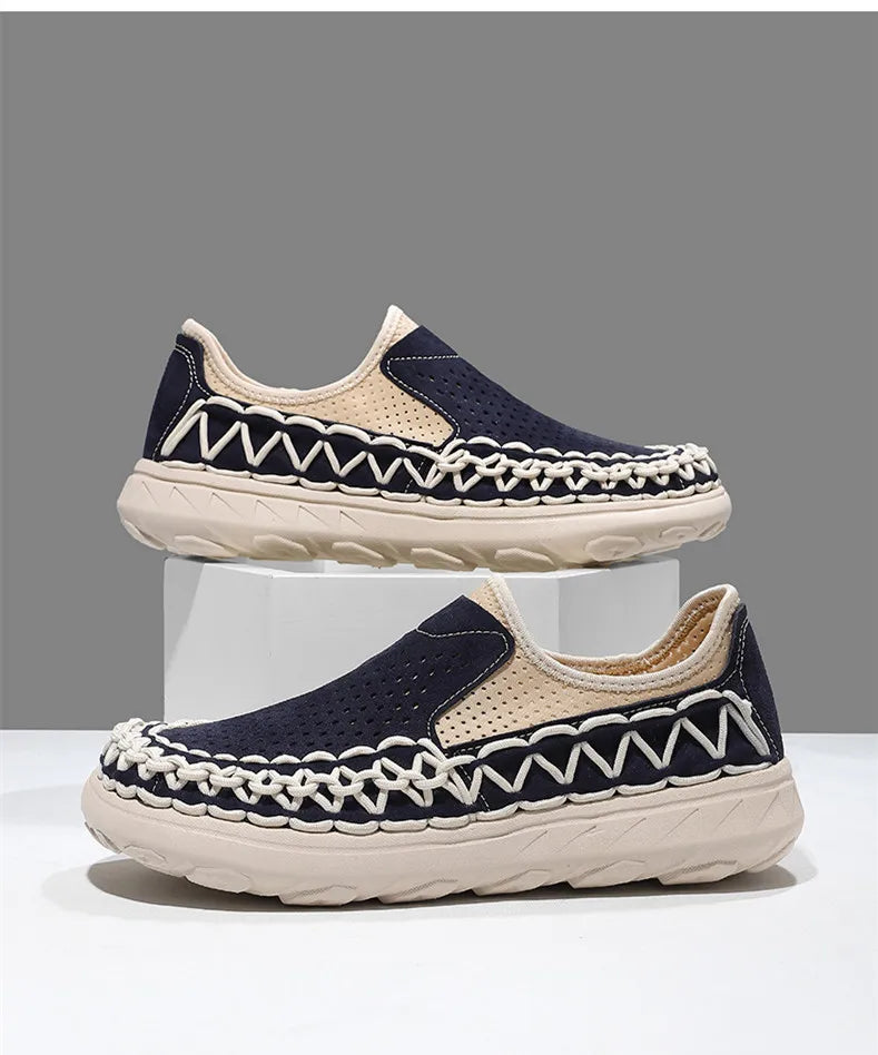 Comfortable Suede Slip On Loafer Sneaker for Women with Woven Stitch Perforated Chunky Sole Style