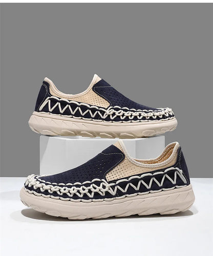 Comfortable Suede Slip On Loafer Sneaker for Women with Woven Stitch Perforated Chunky Sole Style