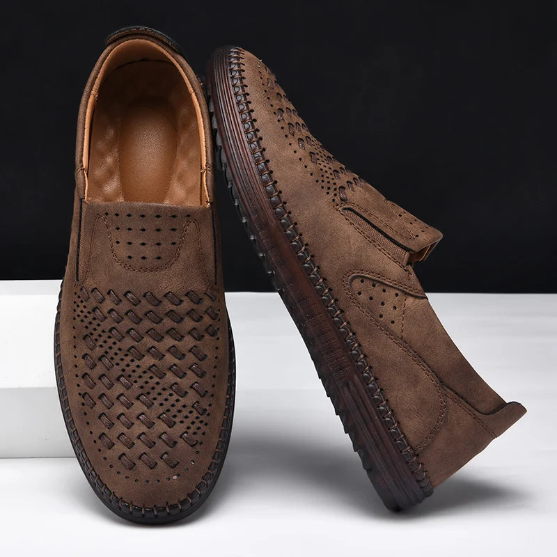 Comfortable Woven Leather Loafers for Women with Perforated Toe Slip On Hand Stitched Casual Style