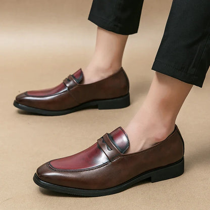 Elegant Leather Penny Loafers for Women with Contrast Panel Pointed Toe Slip On Formal Style