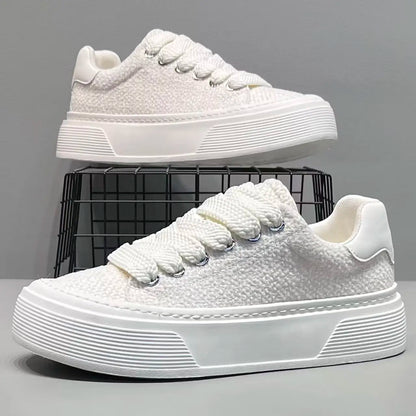Stylish Tweed Platform Sneaker for Women with Round Toe Lace Up Chunky Sole Casual Style