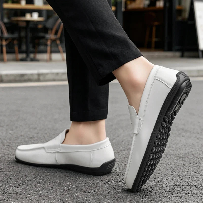 Elegant Leather Penny Loafer for Women with Round Toe Slip On Stitched Trim Style