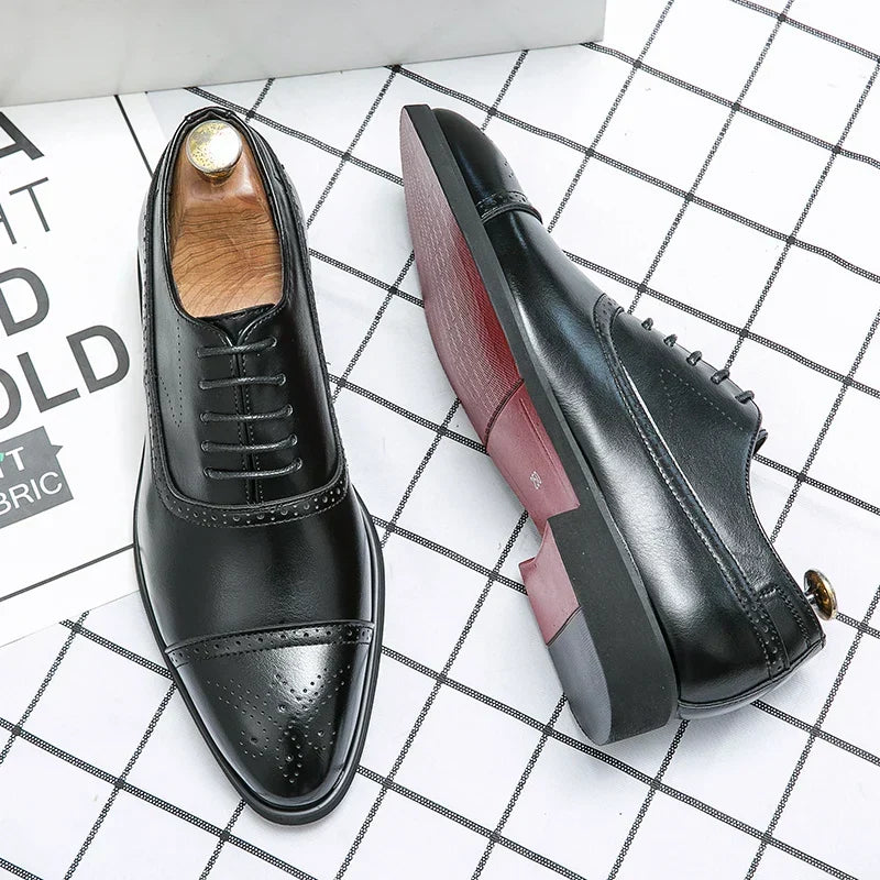 Stylish Black Leather Oxford Shoe for Women with Cap Toe Lace Up Perforated Brogue Style