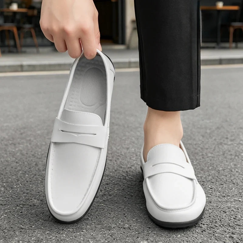 Elegant Leather Penny Loafer for Women with Round Toe Slip On Stitched Trim Style