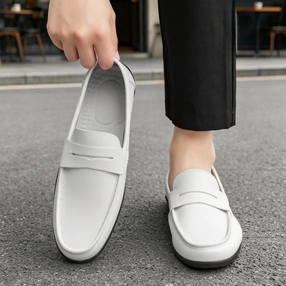 Elegant Leather Penny Loafer for Women with Round Toe Slip On Stitched Trim Style