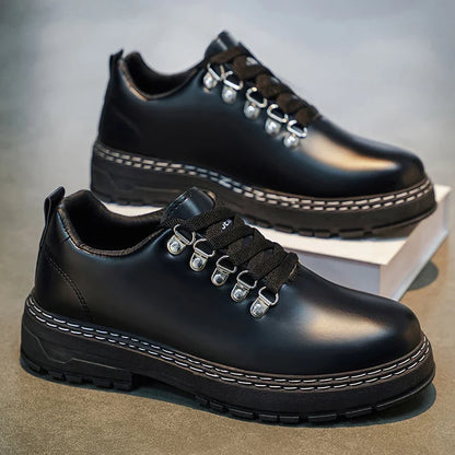 Elegant Black Leather Lace-Up Shoe for Women with Round Toe Platform Sole Casual Style