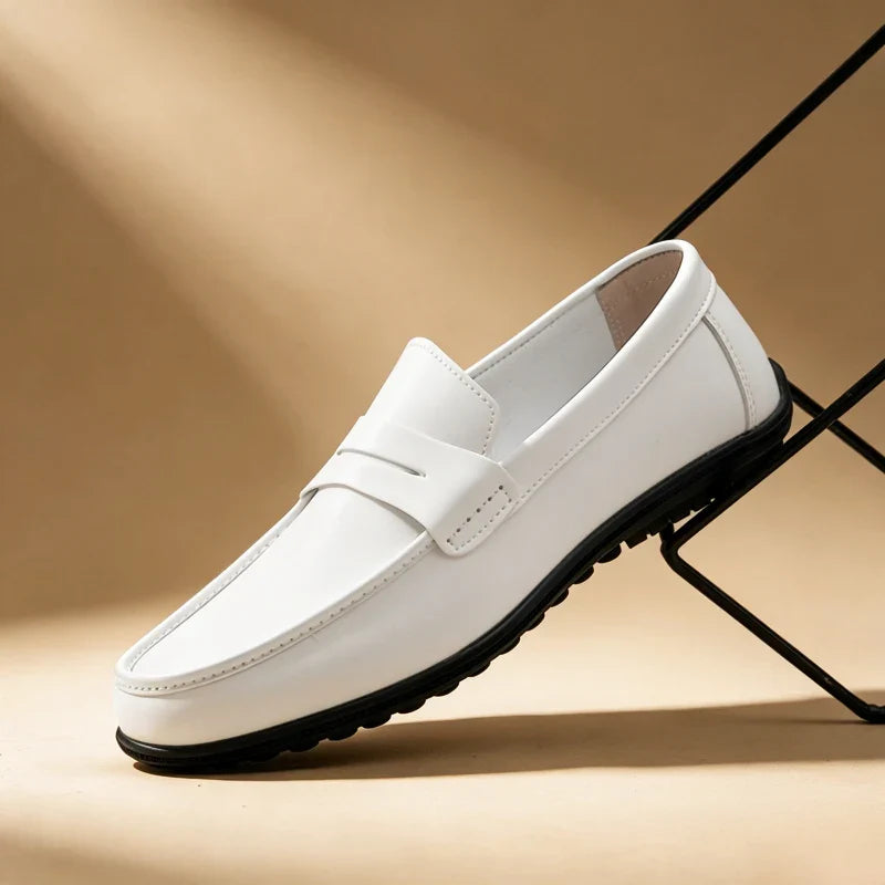 Elegant Leather Penny Loafer for Women with Round Toe Slip On Stitched Trim Style