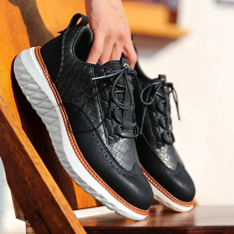 Stylish Woven Leather Brogue Sneaker for Women with Lace Up Wingtip Chunky Sole Casual Style