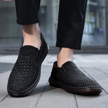Comfortable Woven Leather Loafers for Women with Perforated Toe Slip On Hand Stitched Casual Style