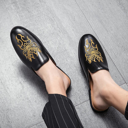 Stylish Embroidered Dragon Leather Mule for Women with Backless Slip On Round Toe Casual Style