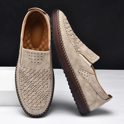 Comfortable Woven Leather Loafers for Women with Slip On Round Toe Perforated Casual Style