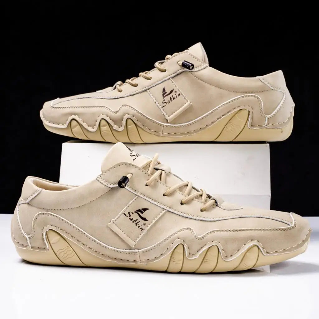 Comfortable Leather Fashion Sneaker for Women with Lace Up Stitched Moc Toe Contrast Sole Casual Style