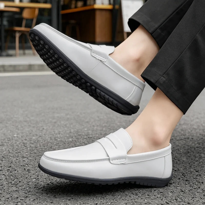 Elegant Leather Penny Loafer for Women with Round Toe Slip On Stitched Trim Style