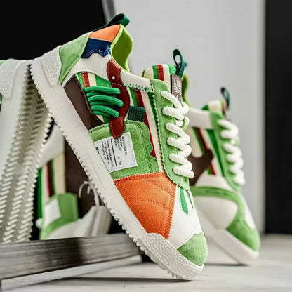 Stylish Colorblock Suede Sneaker for Women with Lace Up Contrast Panel Chunky Sole Retro Style
