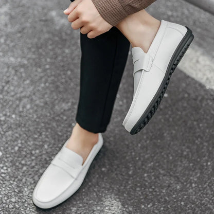 Elegant Leather Penny Loafer for Women with Round Toe Slip On Stitched Trim Style