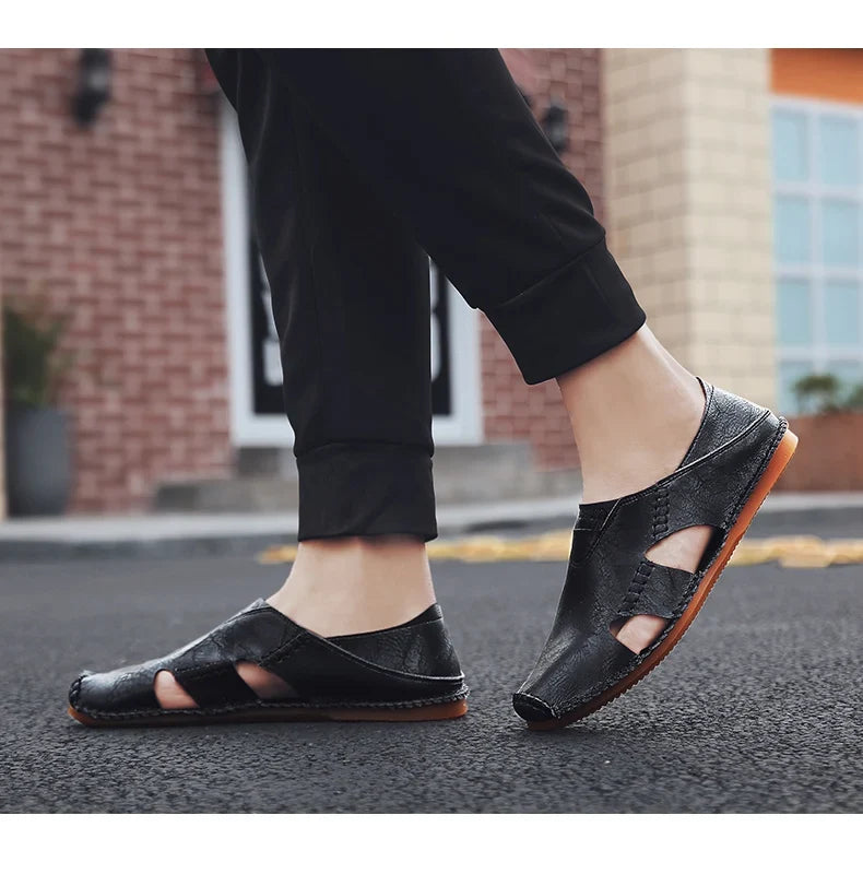 Comfortable Leather Slip On Sandal for Women with Closed Toe Cutout Hand Stitched Flat Style