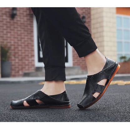 Comfortable Leather Slip On Sandal for Women with Closed Toe Cutout Hand Stitched Flat Style