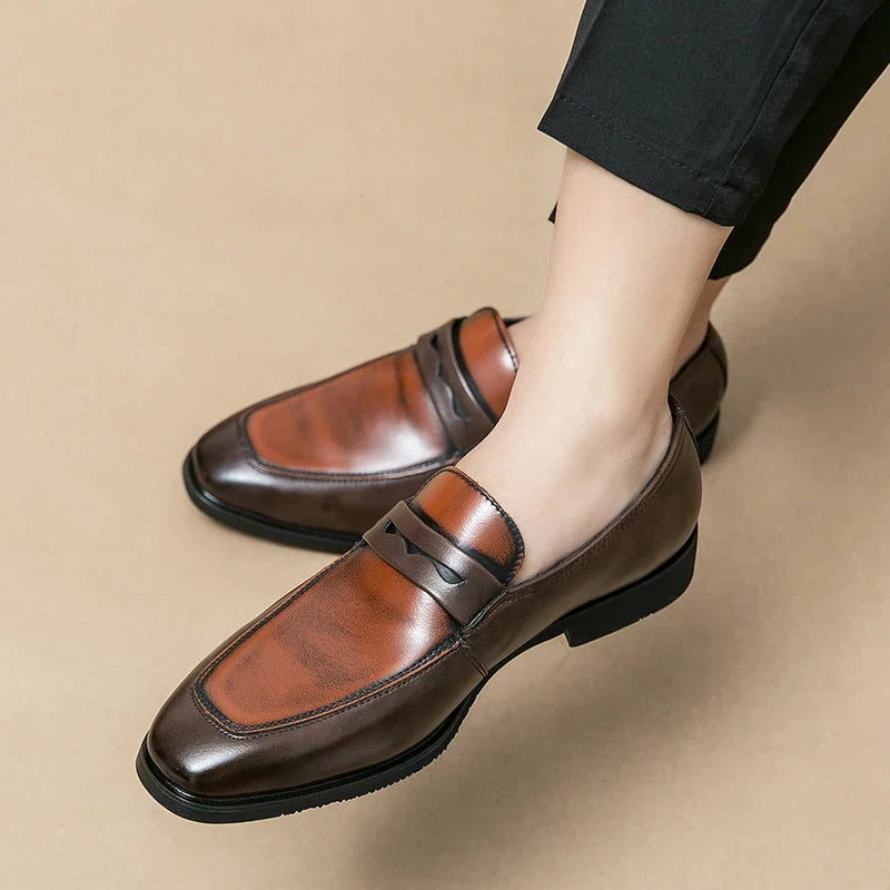 Elegant Leather Penny Loafers for Women with Contrast Panel Pointed Toe Slip On Formal Style