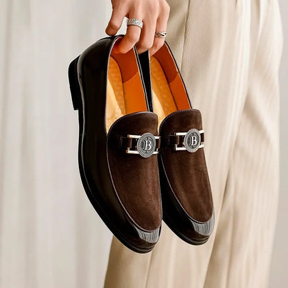 Stylish Suede Loafers for Women with Patent Toe Cap Metallic Buckle Slip On Style