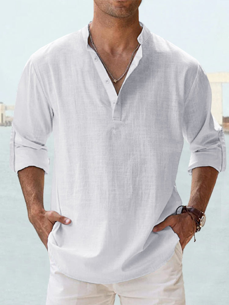 Effortless Linen Shirt for Women with Band Collar Long Sleeve Button Placket Relaxed Style