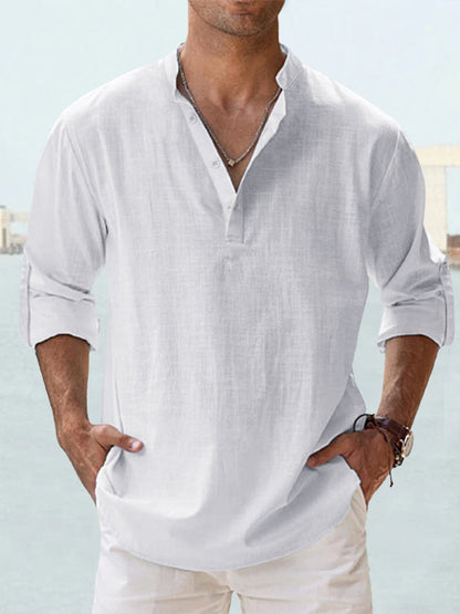 Effortless Linen Shirt for Women with Band Collar Long Sleeve Button Placket Relaxed Style