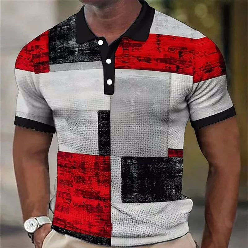 Stylish Multicolor Colorblock Patchwork Polo Shirt with Collared Short Sleeve Button Placket Textured Casual Style