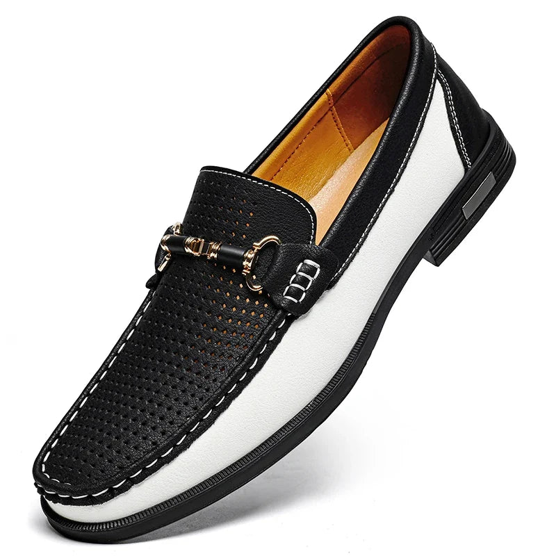 Effortless Perforated Leather Loafers with Horsebit Buckle Slip On Colorblock Casual Style