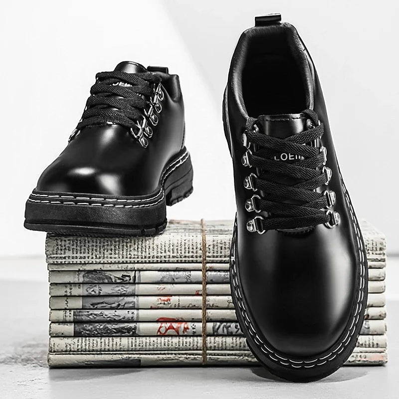 Elegant Black Leather Lace-Up Shoe for Women with Round Toe Platform Sole Casual Style