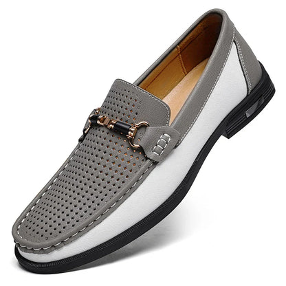 Effortless Perforated Leather Loafers with Horsebit Buckle Slip On Colorblock Casual Style
