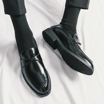 Stylish Leather Penny Loafers for Women with Woven Strap Stitched Apron Chunky Sole Style