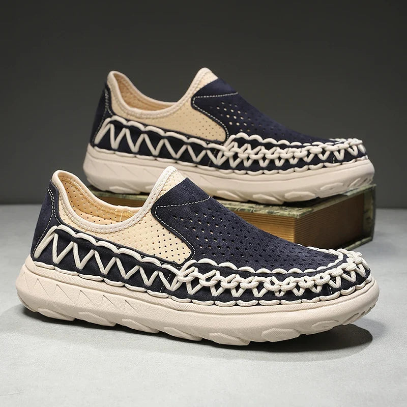 Comfortable Suede Slip On Loafer Sneaker for Women with Woven Stitch Perforated Chunky Sole Style