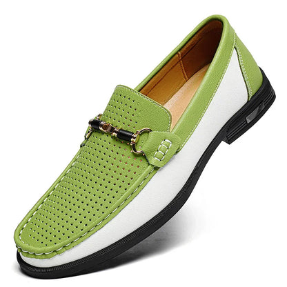 Effortless Perforated Leather Loafers with Horsebit Buckle Slip On Colorblock Casual Style