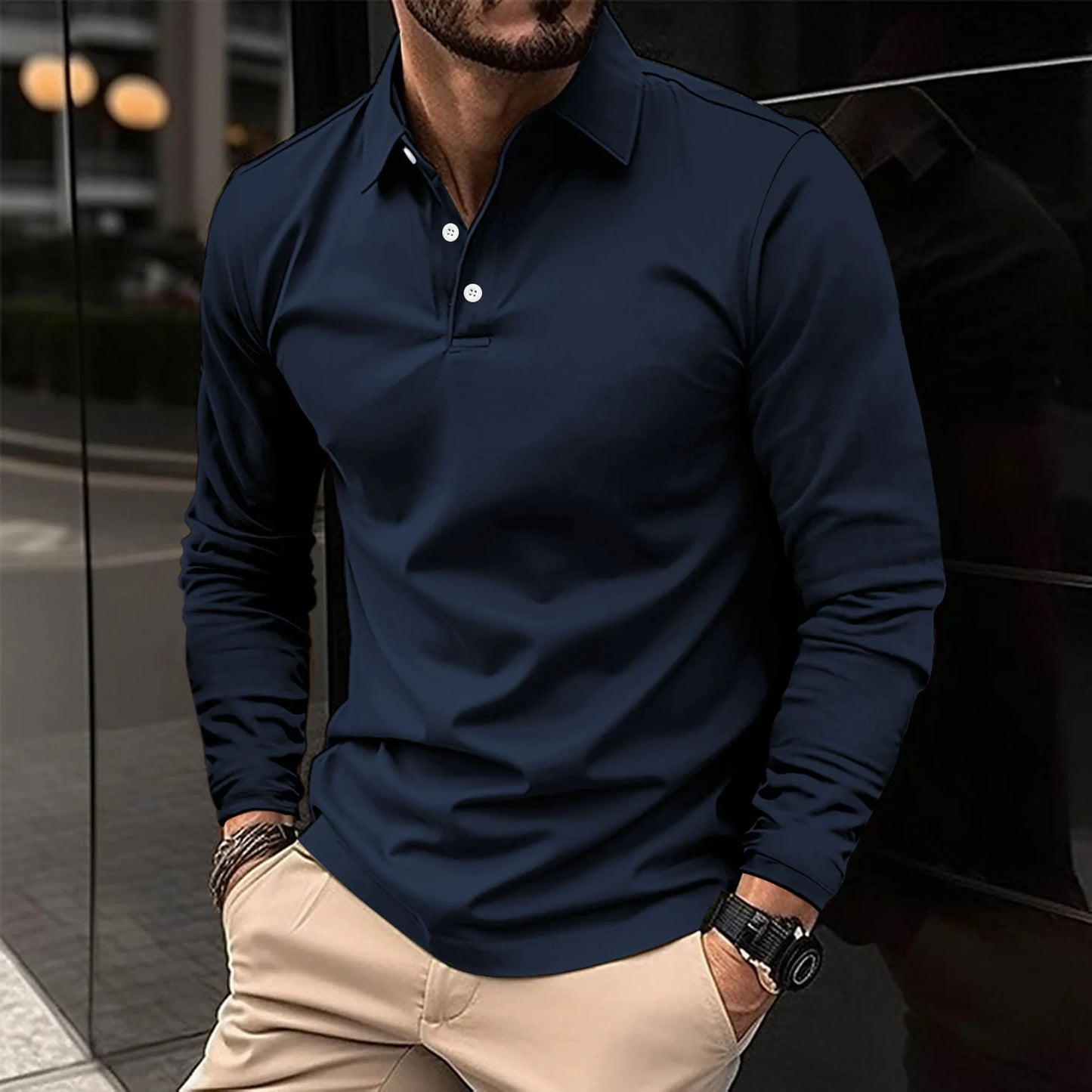 Elegant Ribbed Polo Shirt for Women with Collar Long Sleeve Button Placket Casual Style