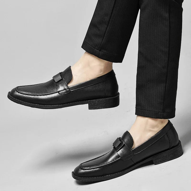 Stylish Leather Loafer for Women with Metal Buckle Square Toe Slip On Casual Style