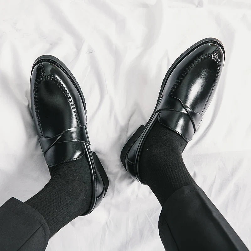 Stylish Leather Penny Loafers for Women with Woven Strap Stitched Apron Chunky Sole Style