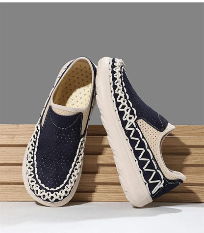 Comfortable Suede Slip On Loafer Sneaker for Women with Woven Stitch Perforated Chunky Sole Style