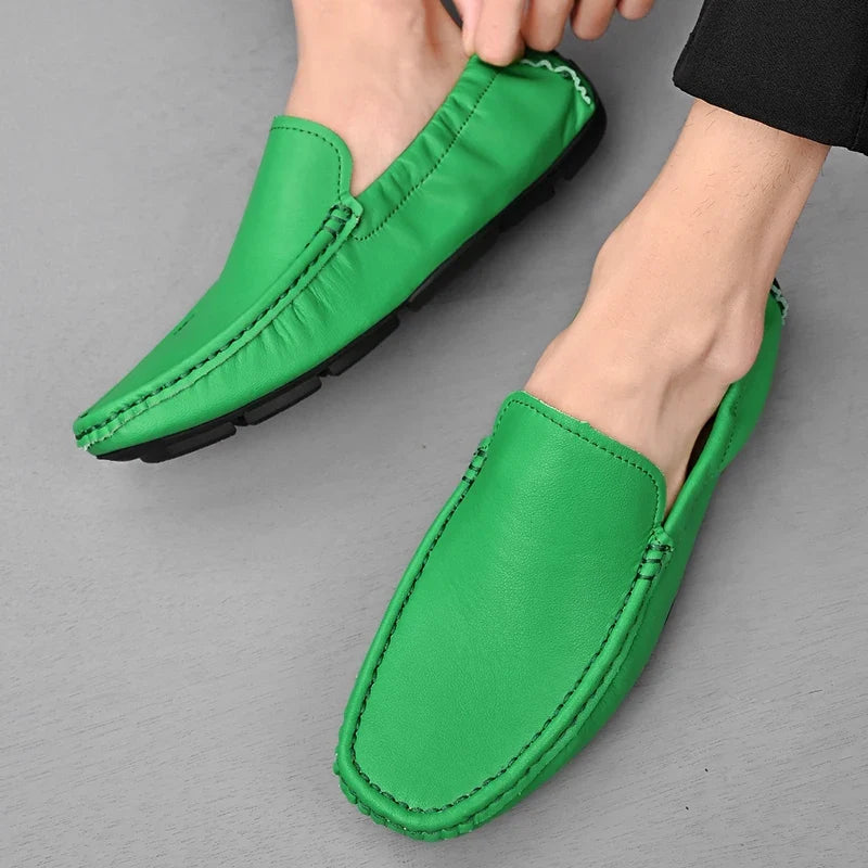 Comfortable Leather Driving Loafers for Women with Round Toe Slip On Ruched Casual Style