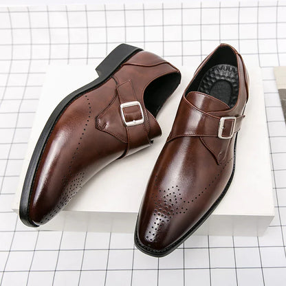 Stylish Leather Monk Strap Dress Shoe for Women with Pointed Toe Brogue Detail Buckle Closure Style