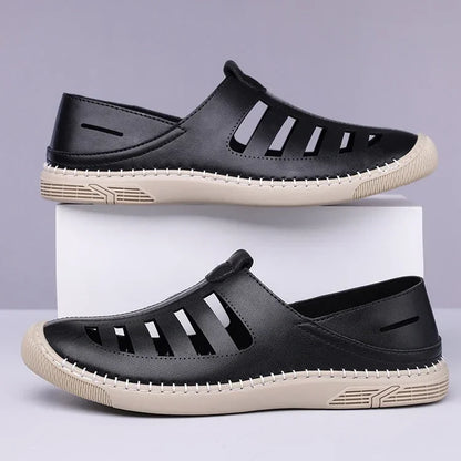 Effortless Leather Fisherman Sandal for Women with Cutout Side Slip On Stitched Sole Casual Style