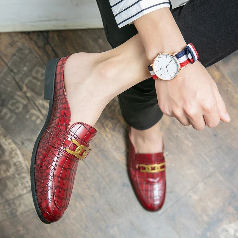 Elegant Croc Embossed Leather Mule Loafer for Women with Chain Buckle Square Toe Slip On Casual Style