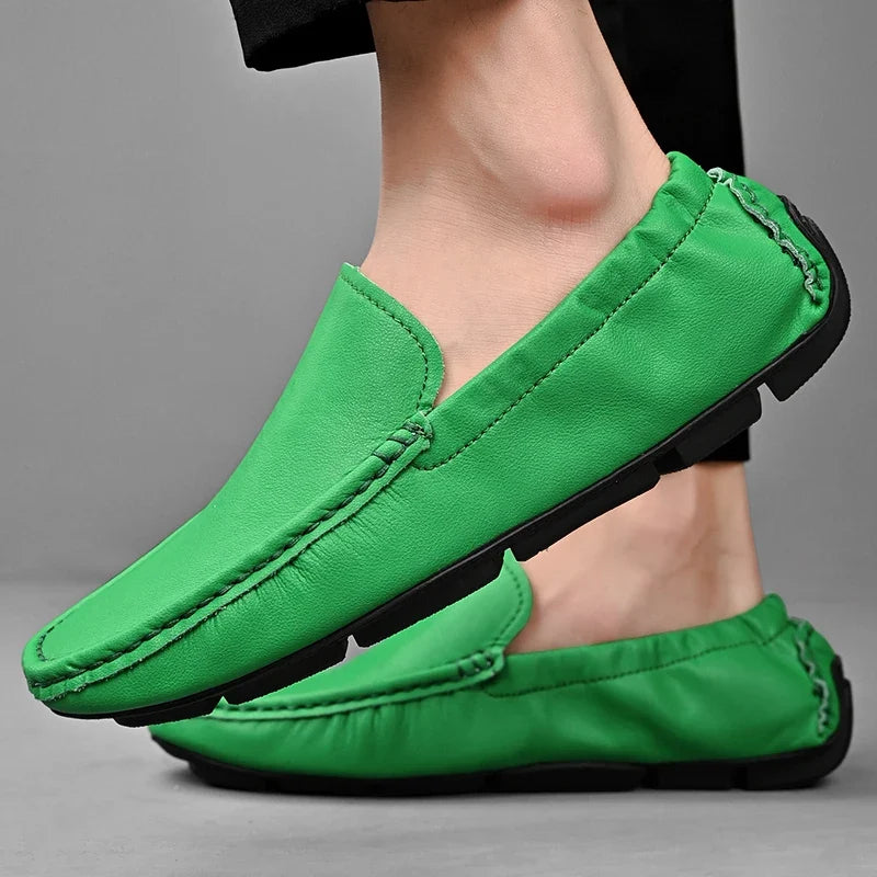Comfortable Leather Driving Loafers for Women with Round Toe Slip On Ruched Casual Style