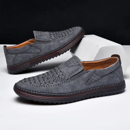 Comfortable Woven Leather Loafers for Women with Slip On Round Toe Perforated Casual Style