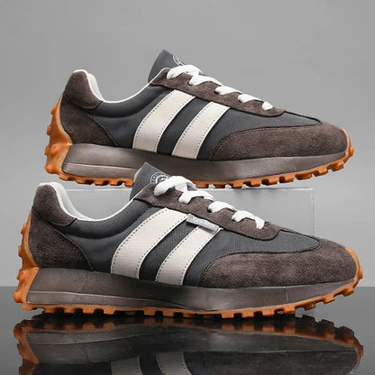 Effortless Suede Sneaker for Women with Lace Up Striped Panel Chunky Sole Retro Style